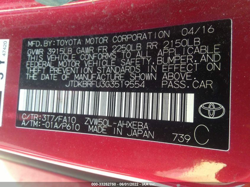 2016 TOYOTA PRIUS TWO JTDKBRFU3G3519554