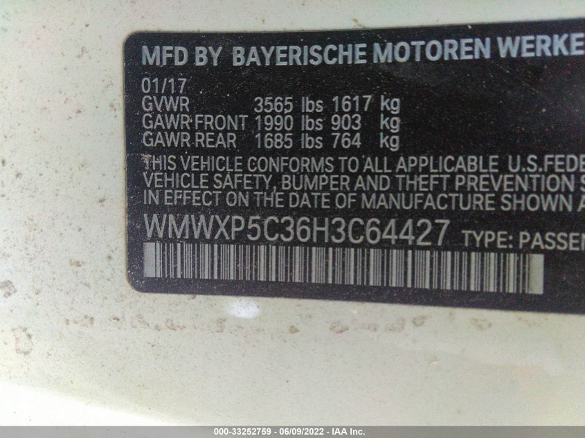 2017 MINI HARDTOP 2 DOOR COOPER WMWXP5C36H3C64427