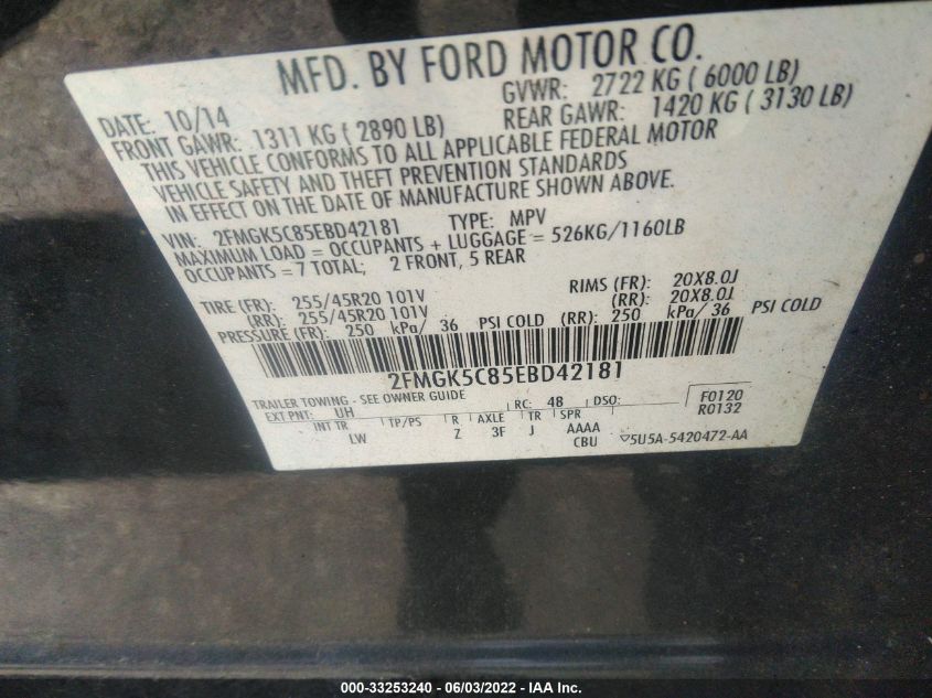 2014 FORD FLEX SEL 2FMGK5C85EBD42181