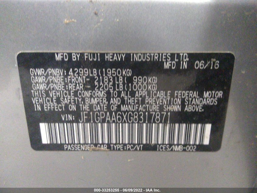 2016 SUBARU IMPREZA WAGON 2.0I JF1GPAA6XG8317871