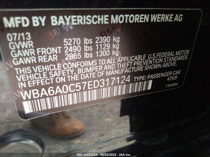 2014 BMW 6 SERIES I/GRAN COUPE WBA6A0C57ED317124