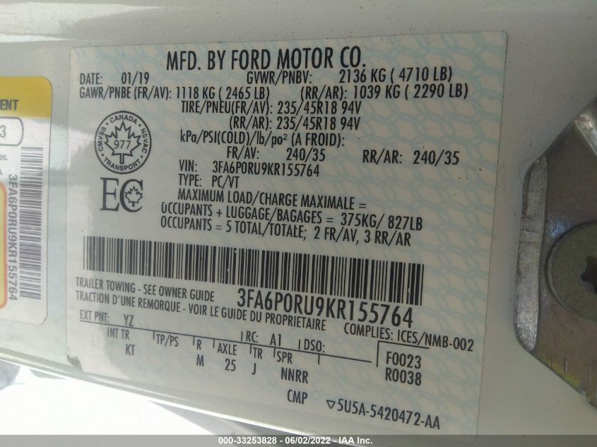2019 FORD FUSION HYBRID TITANIUM 3FA6P0RU9KR155764