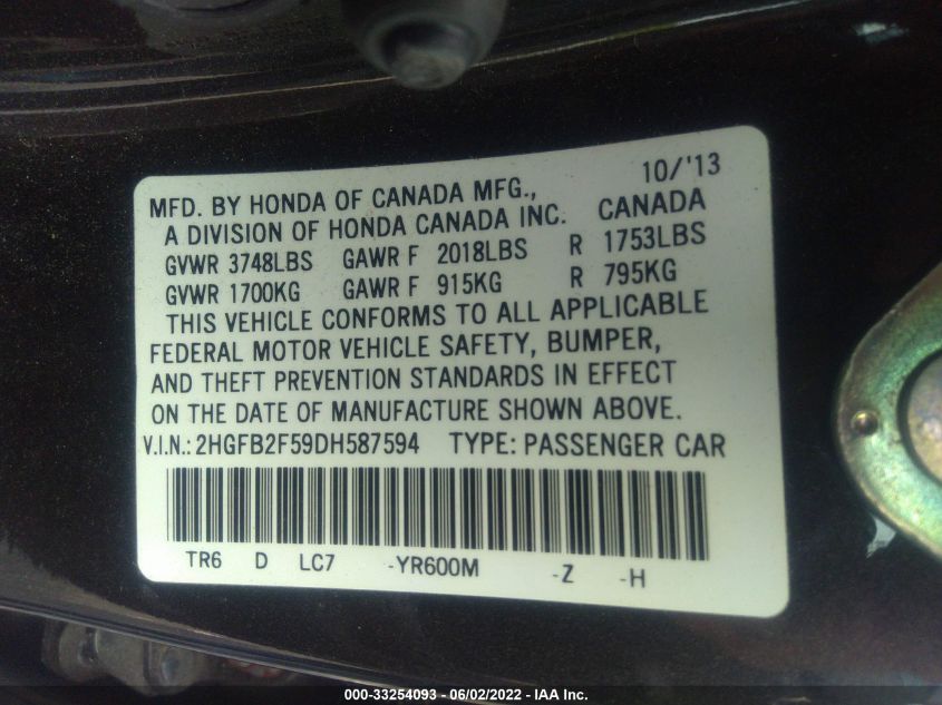 2013 HONDA CIVIC SDN LX 2HGFB2F59DH587594