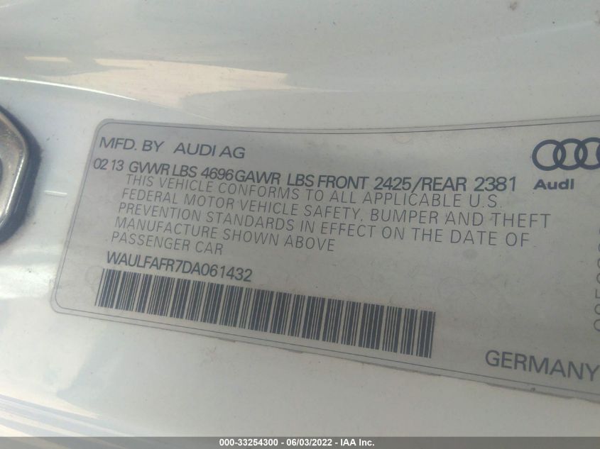 2013 AUDI A5 PREMIUM PLUS WAULFAFR7DA061432