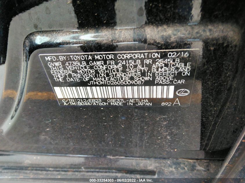 2016 LEXUS IS 300 JTHCM1D26G5009087