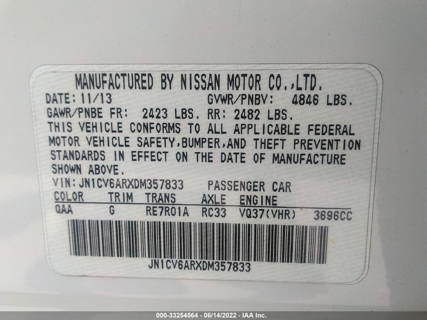 2013 INFINITI G37 SEDAN X JN1CV6ARXDM357833