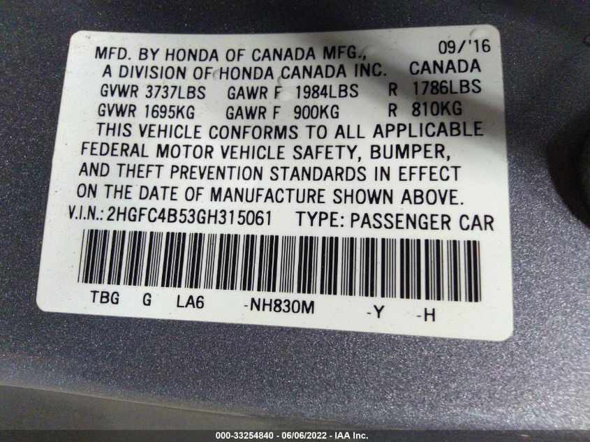2016 HONDA CIVIC COUPE LX 2HGFC4B53GH315061