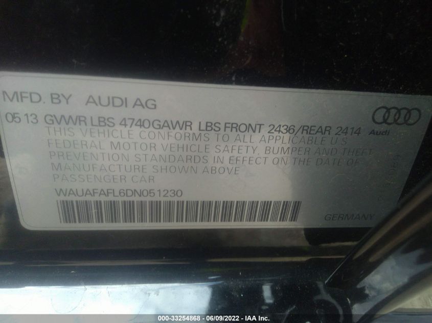 2013 AUDI A4 PREMIUM WAUAFAFL6DN051230