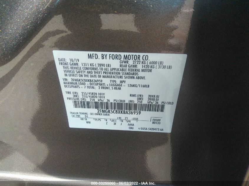 2019 FORD FLEX SEL 2FMGK5C8XKBA36959