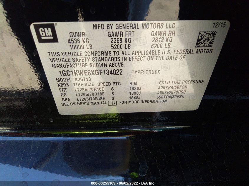 2016 CHEVROLET SILVERADO 2500HD LTZ 1GC1KWE8XGF134022