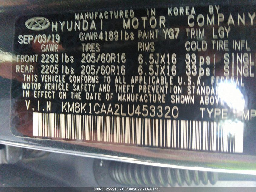 2020 HYUNDAI KONA SE KM8K1CAA2LU453320