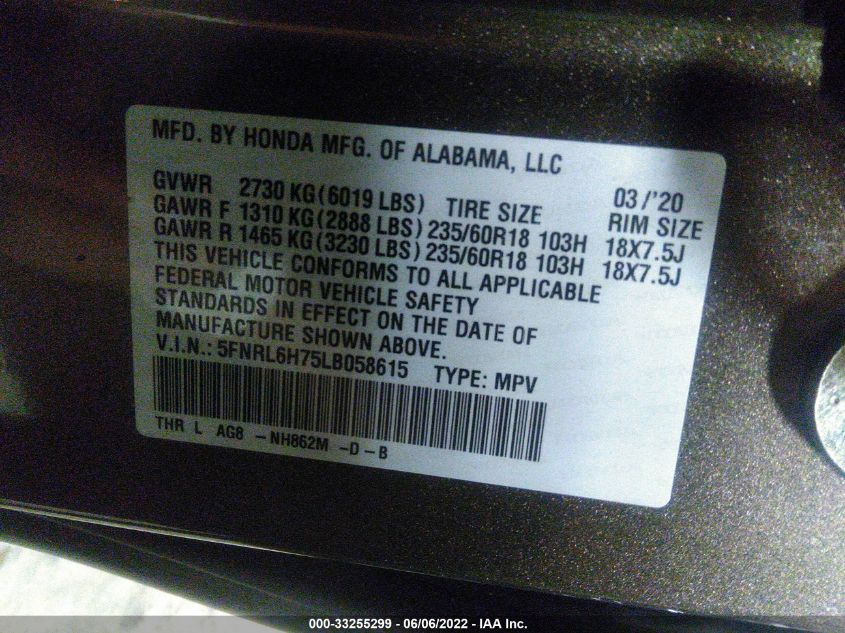 2020 HONDA ODYSSEY EX-L 5FNRL6H75LB058615