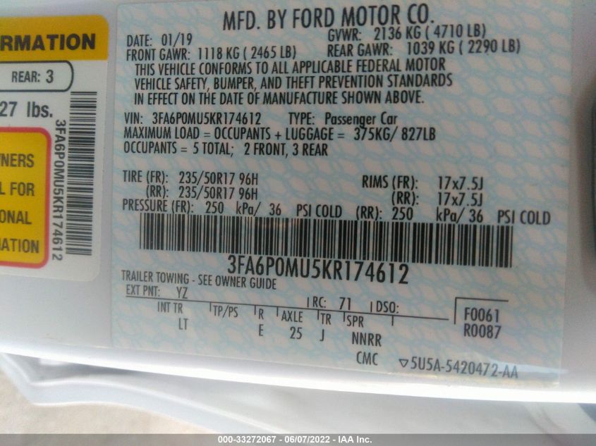 2019 FORD FUSION HYBRID SEL 3FA6P0MU5KR174612