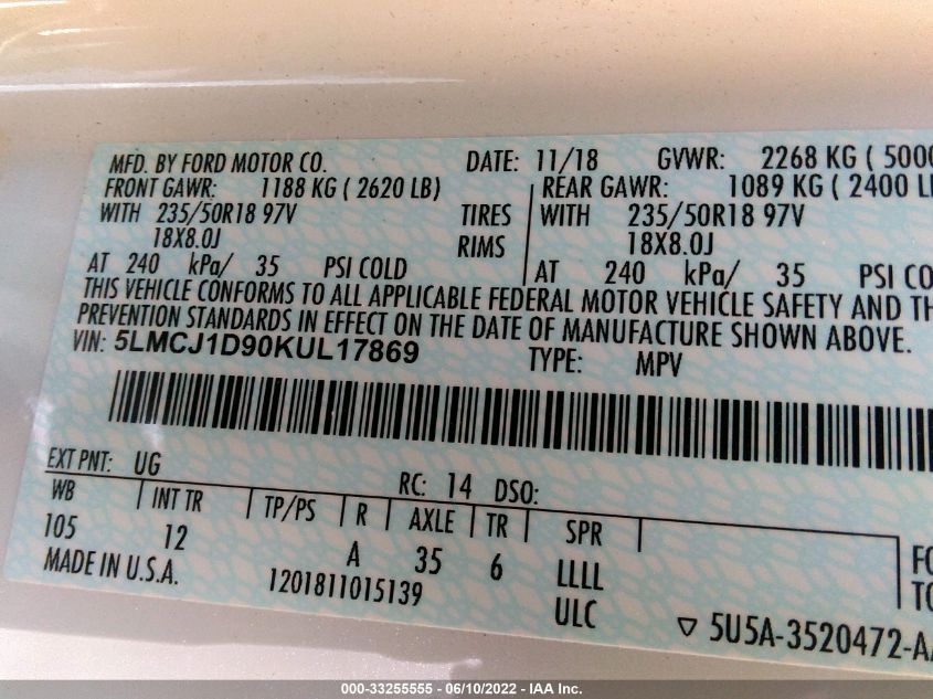 2019 LINCOLN MKC STANDARD 5LMCJ1D90KUL17869
