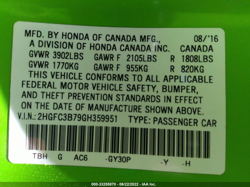 2016 HONDA CIVIC COUPE EX-L 2HGFC3B79GH359951