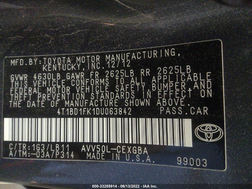 2013 TOYOTA CAMRY HYBRID XLE 4T1BD1FK1DU063842