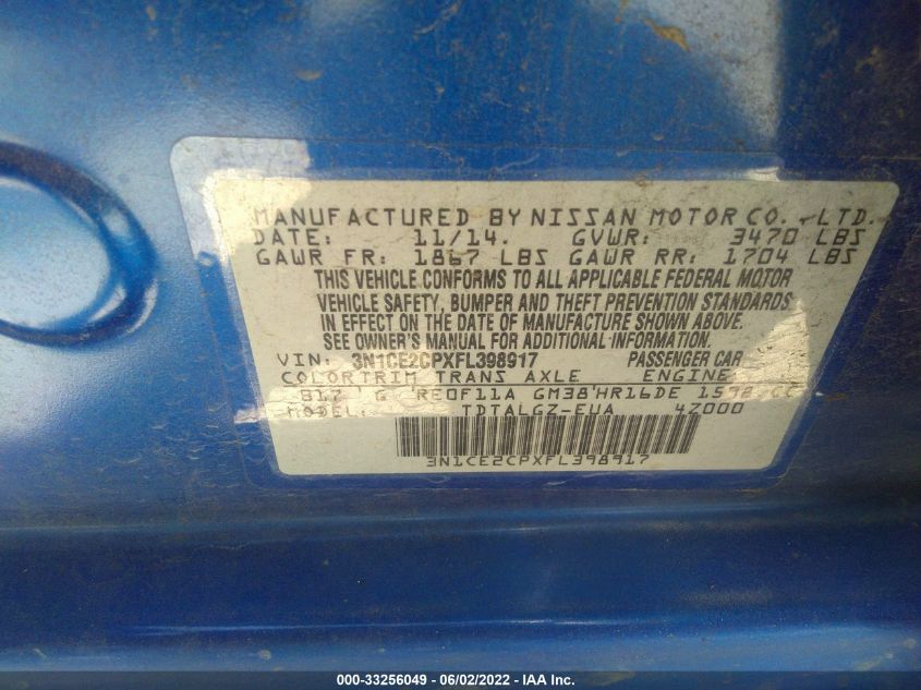 2015 NISSAN VERSA NOTE S/S PLUS/SV/SL/SR 3N1CE2CPXFL398917
