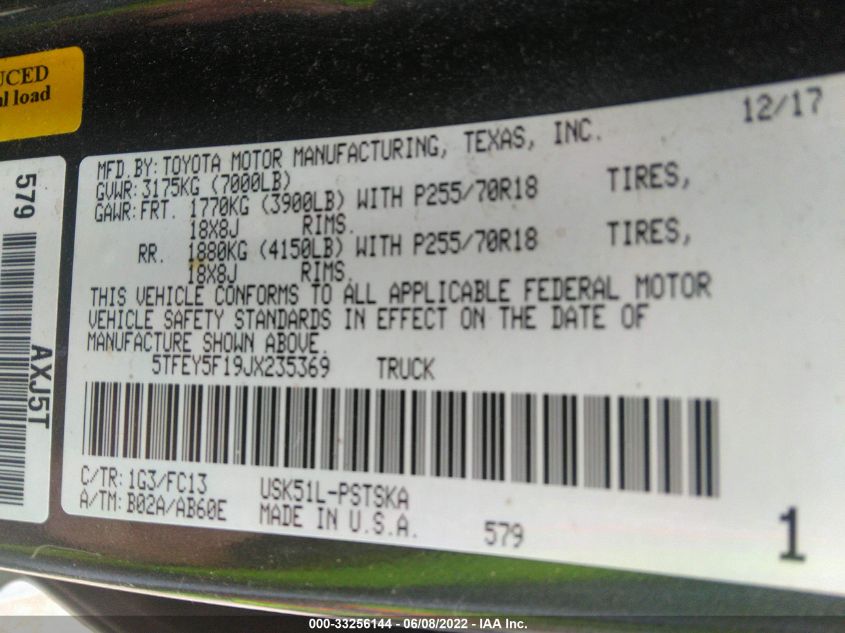 2018 TOYOTA TUNDRA 2WD SR5 5TFEY5F19JX235369