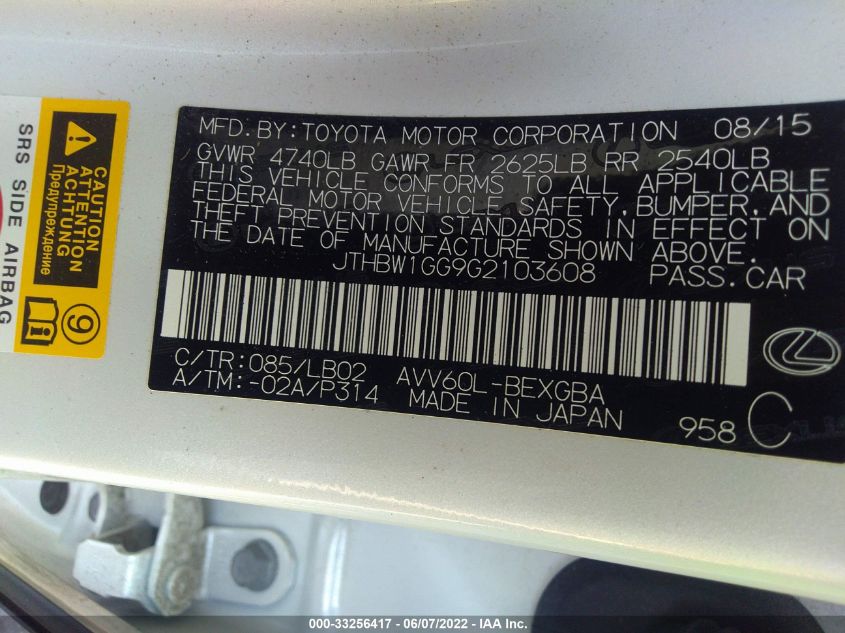 2016 LEXUS ES 300H HYBRID JTHBW1GG9G2103608