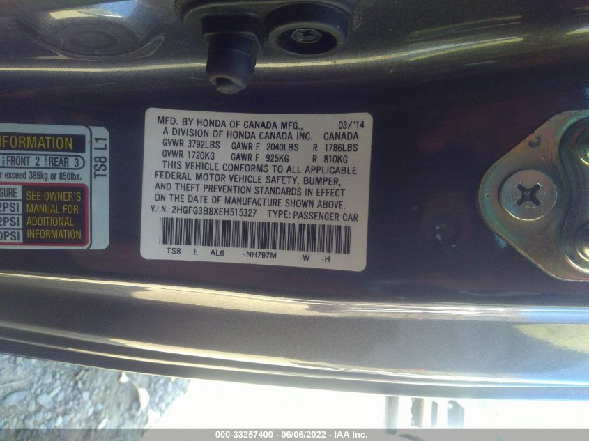 2014 HONDA CIVIC COUPE EX 2HGFG3B8XEH515327