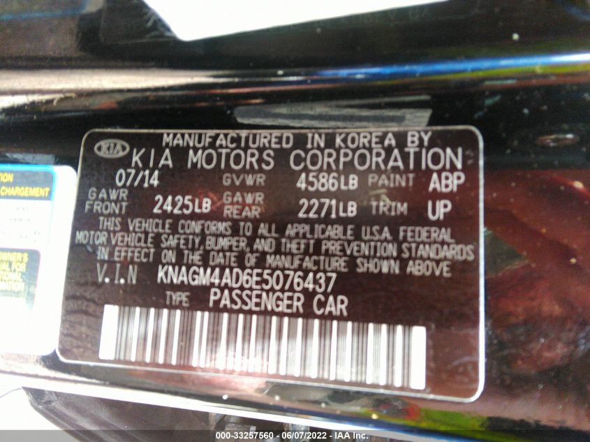 2014 KIA OPTIMA HYBRID LX KNAGM4AD6E5076437