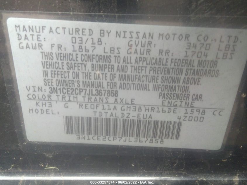 2018 NISSAN VERSA NOTE SV 3N1CE2CP7JL367858