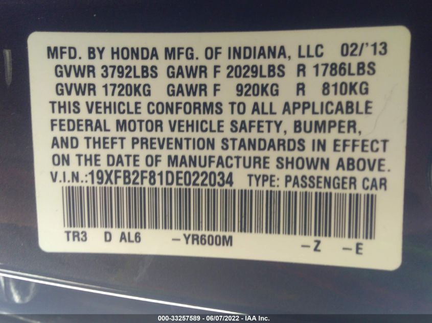 2013 HONDA CIVIC SDN EX 19XFB2F81DE022034