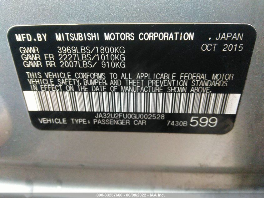 2016 MITSUBISHI LANCER ES JA32U2FU0GU002528