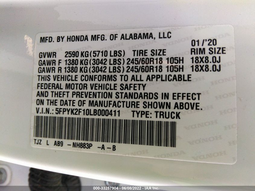 2020 HONDA RIDGELINE SPORT 5FPYK2F10LB000411