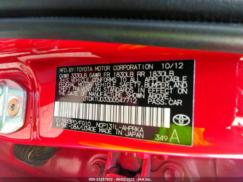 2013 TOYOTA YARIS L/LE/SE JTDKTUD33DD547712