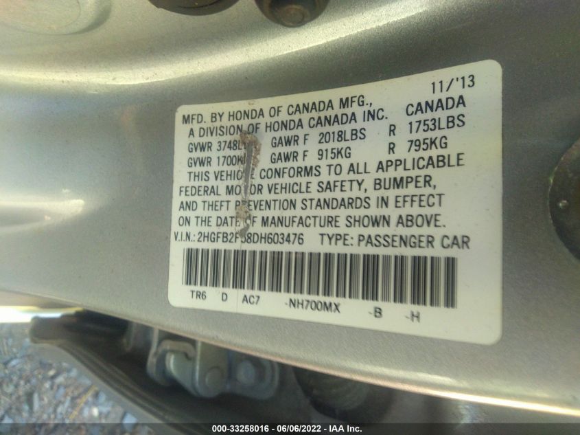 2013 HONDA CIVIC SDN LX 2HGFB2F58DH603476