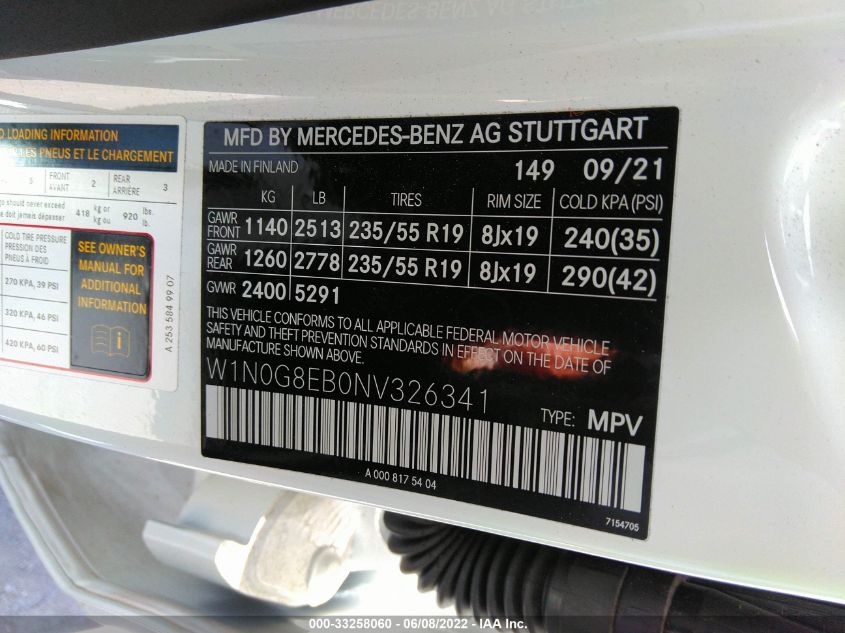 2022 MERCEDES-BENZ GLC GLC 300 W1N0G8EB0NV326341