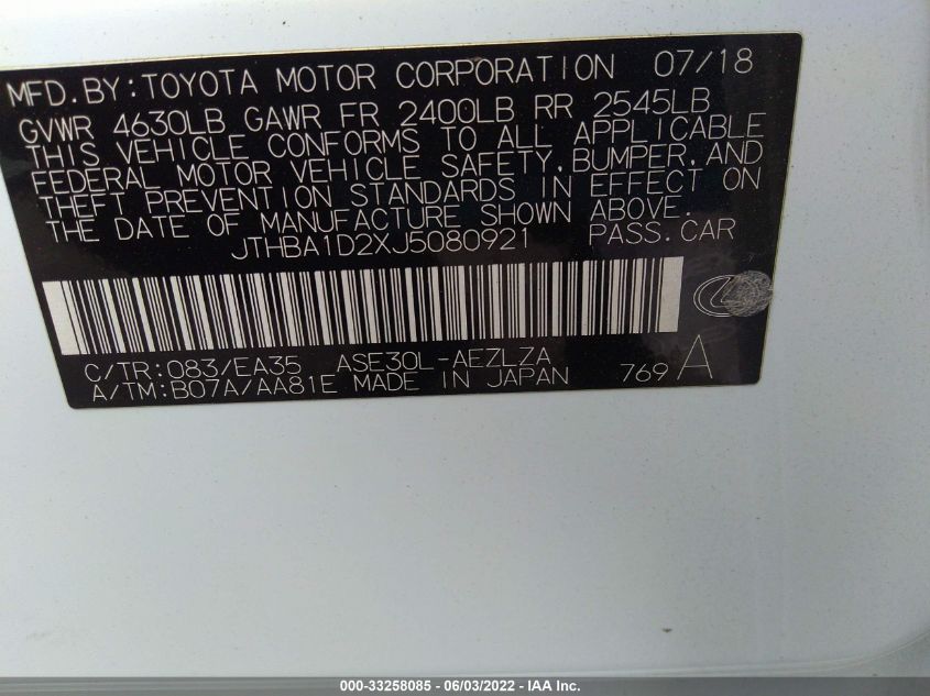 2018 LEXUS IS IS 300 JTHBA1D2XJ5080921