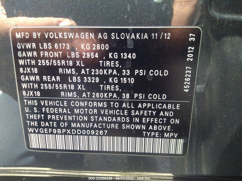 2013 VOLKSWAGEN TOUAREG V6 WVGEF9BPXDD009267