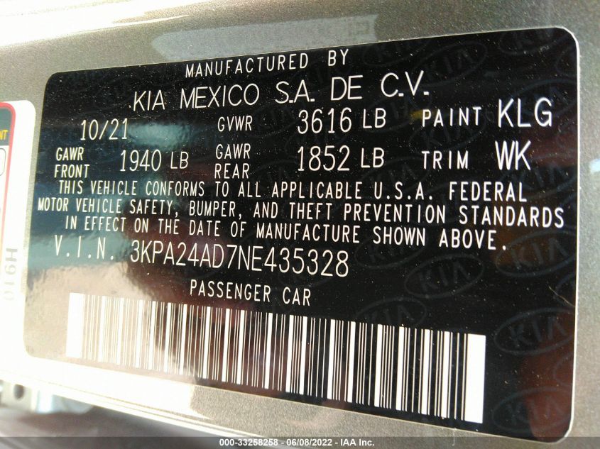 2022 KIA RIO S 3KPA24AD7NE435328