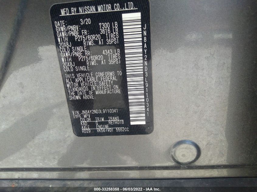 2020 NISSAN ARMADA SL JN8AY2ND3L9110341