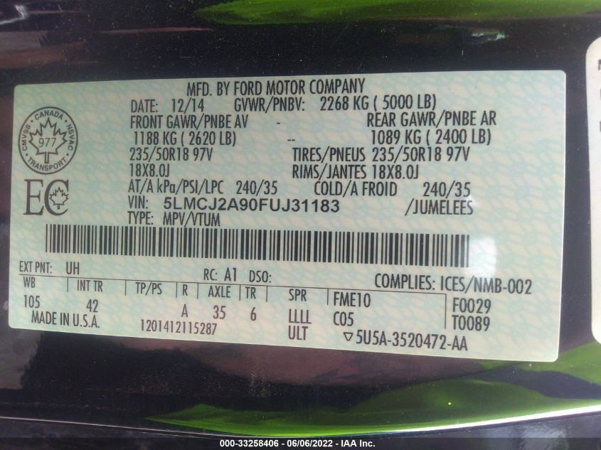 2015 LINCOLN MKC 5LMCJ2A90FUJ31183