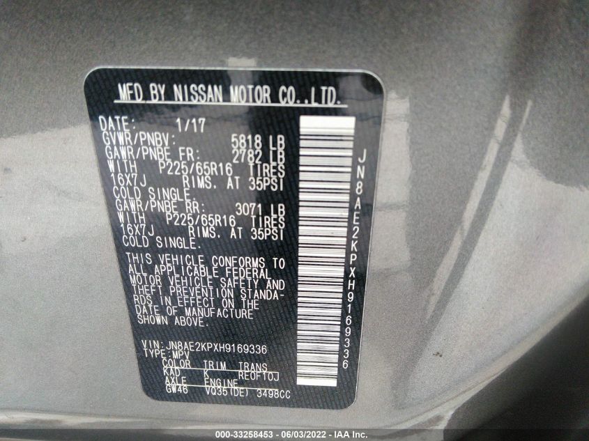 2017 NISSAN QUEST SV JN8AE2KPXH9169336