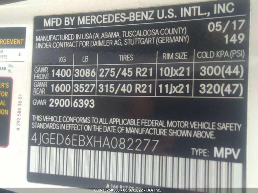 2017 MERCEDES-BENZ GLE AMG GLE 43 4JGED6EBXHA082277