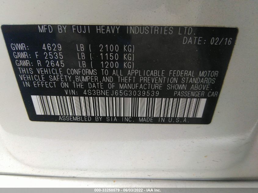 2016 SUBARU LEGACY 3.6R LIMITED 4S3BNEJ65G3039539