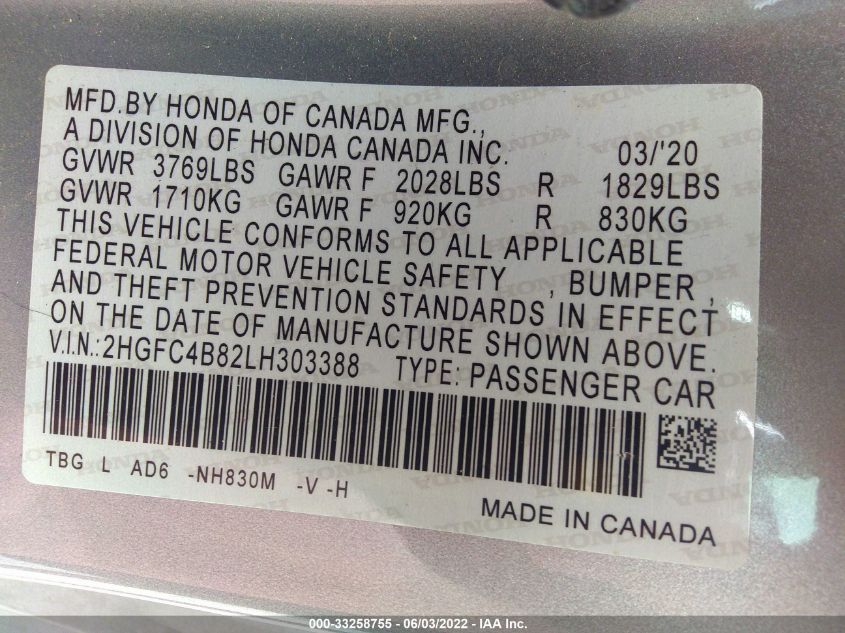 2020 HONDA CIVIC COUPE SPORT 2HGFC4B82LH303388