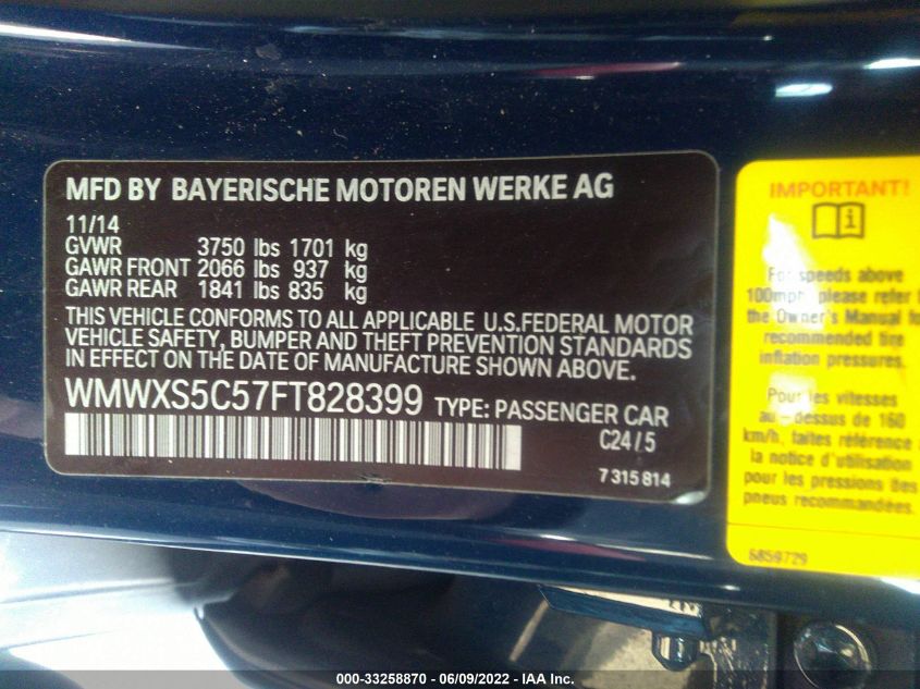 2015 MINI COOPER HARDTOP 4 DOOR WMWXS5C57FT828399