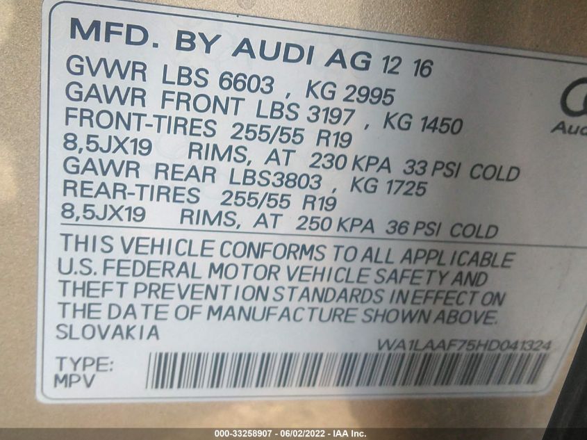 2017 AUDI Q7 PREMIUM PLUS WA1LAAF75HD041324