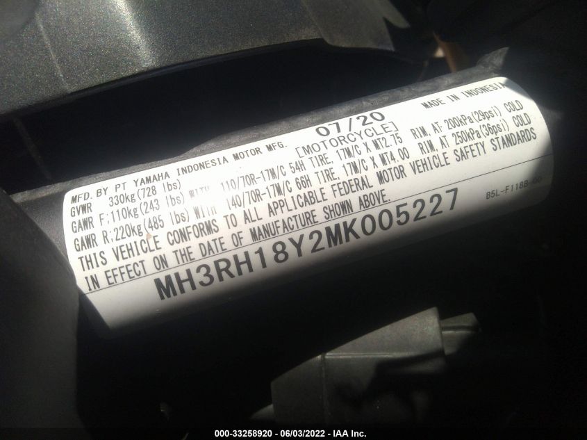 2021 YAMAHA YZFR3 A MH3RH18Y2MK005227