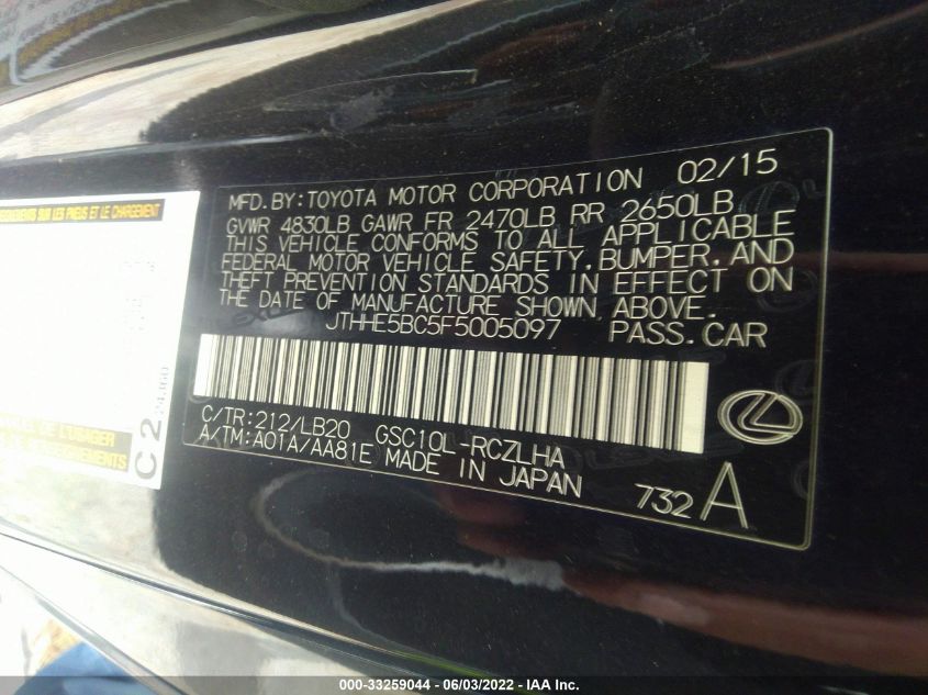 2015 LEXUS RC 350 JTHHE5BC5F5005097