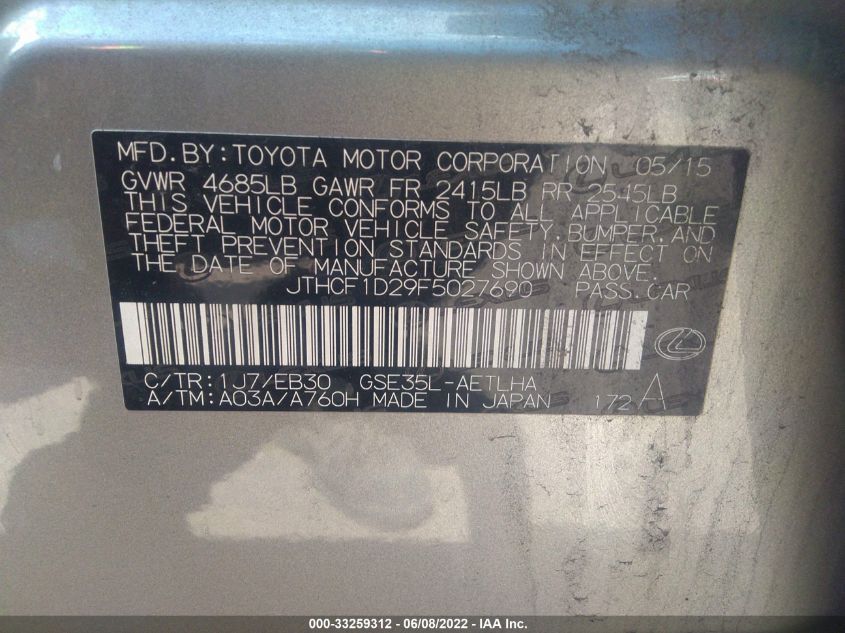 2015 LEXUS IS 250 JTHCF1D29F5027690