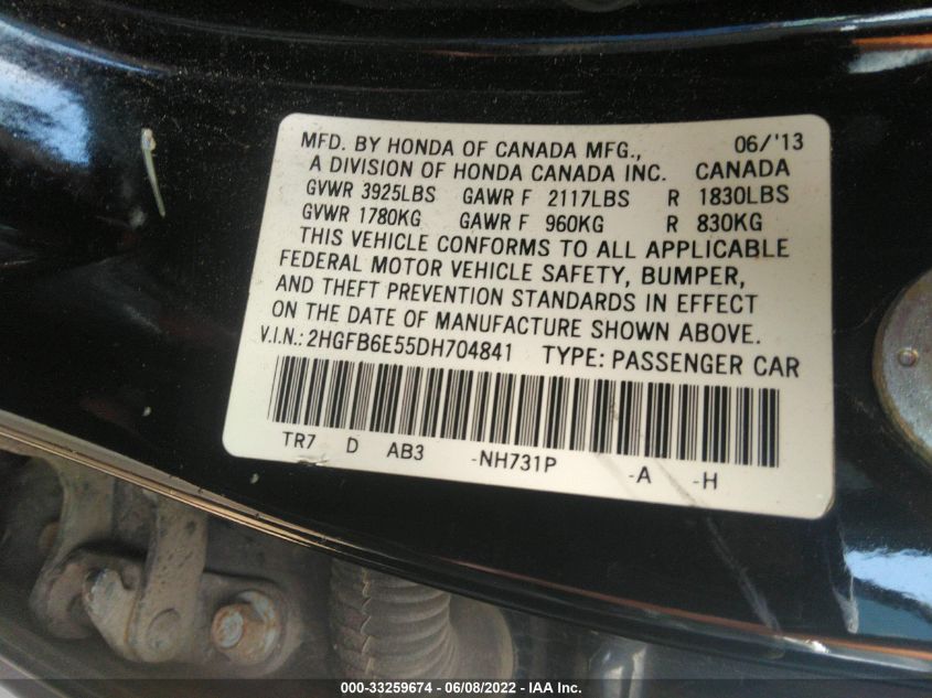 2013 HONDA CIVIC SDN SI 2HGFB6E55DH704841