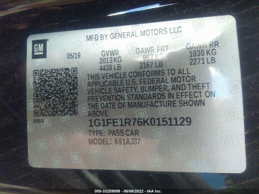 2019 Chevrolet Camaro - 1G1FE1R76K0151129