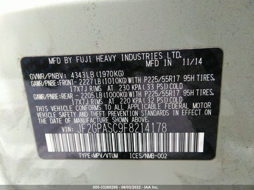 2015 SUBARU XV CROSSTREK LIMITED JF2GPASC9F8214178