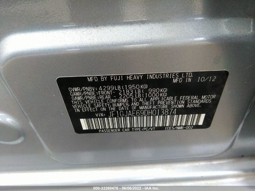 2013 SUBARU IMPREZA SEDAN PREMIUM JF1GJAE69DH013874
